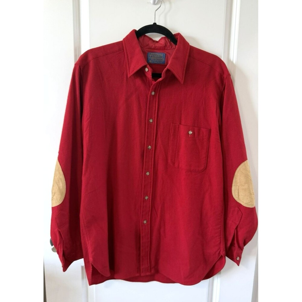 Pendleton Trail Shirt Mens Large L Red Brown Wool Button Down Elbow Patches